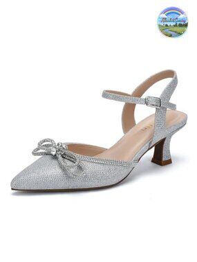 Wide Width Kitten Heel Pointed Toe Pumps with Rhinestone Bow Ankle Strap